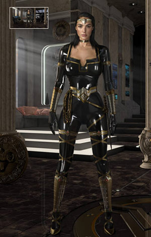 Digital art Wonder Woman in black latex and metal armor stands inside a high-tech greek palace while behind her a flown in payload is delivered.